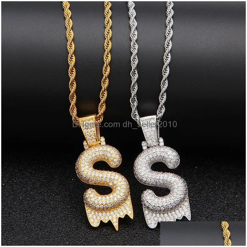 hip hop bubble drip initials letters necklace bling cubic zircon cz drop alphabet pendant twisted rope chain for men women jewelry