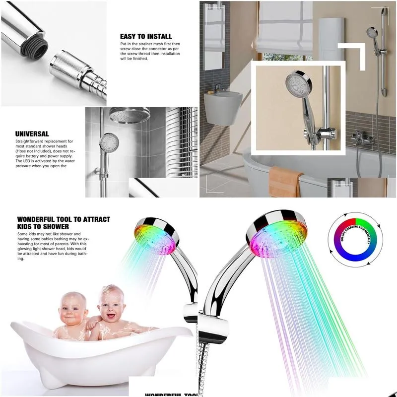 color changing shower head led light glowing automatic 7 handheld water saving bathroom decor 220401