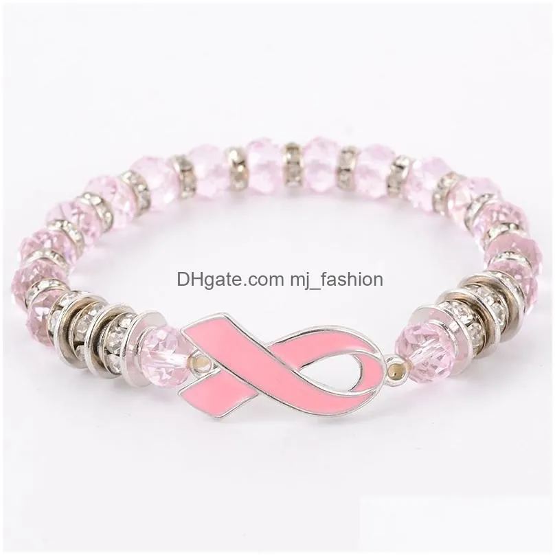 new arrival breast cancer awareness bracelets women pink ribbon breast cancer bangle glass beads chains for ladies fashion diy jewelry