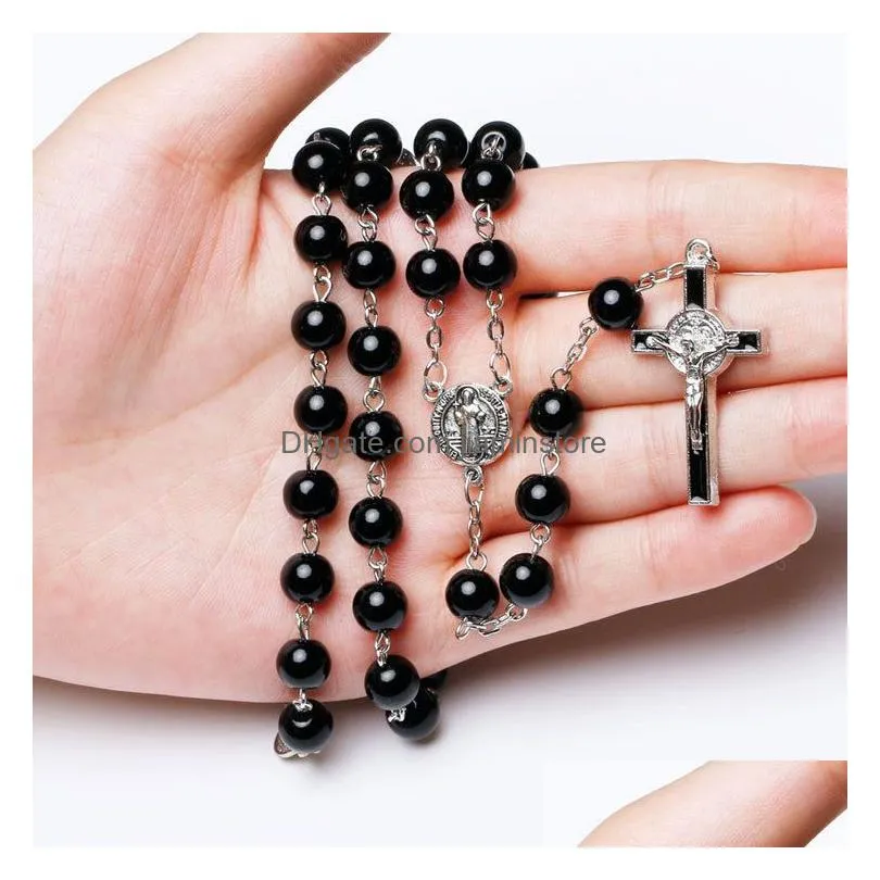 new wooden beads long chains catholic rosary necklace for women and men christian jesus virgin mary cross crucifix pendant fashion