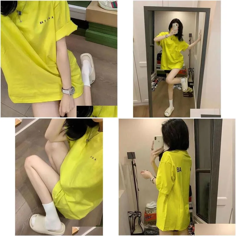 2023 couple short-sleeved t-shirt women loose summer fluorescent yellow mid-length lower garment missing design sense top