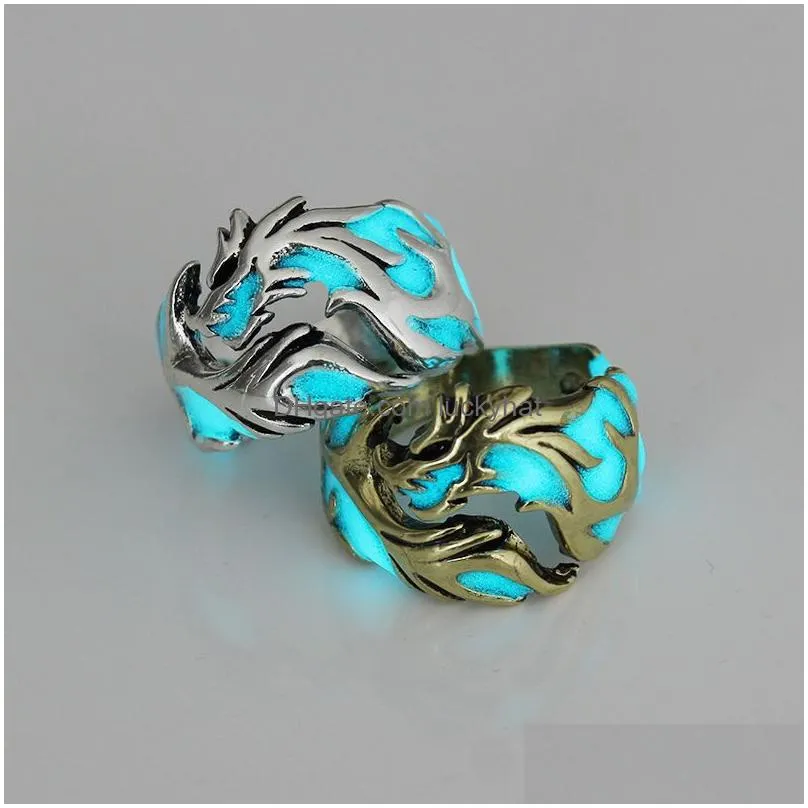 fashion glow in the dark rings vintage retro mens luminous dragon shape finger ring for male punk jewelry gift