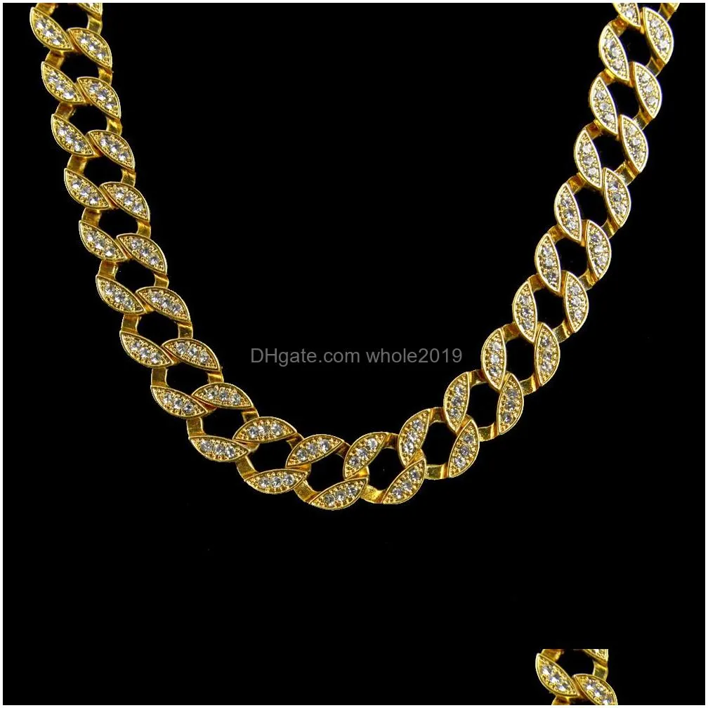 new  cuban link gold plated iced out white diamond chains long necklaces for mens hip hop jewelry hot sell