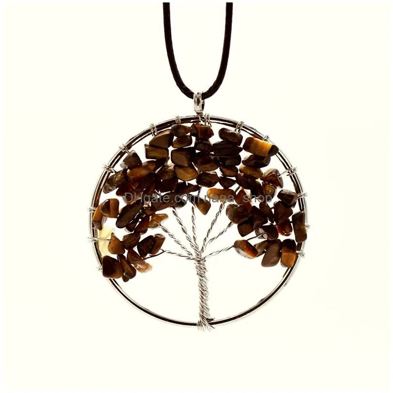 7 chakra tree of life pendant necklaces healing natural crystal gravel stone charm leather wax rope chain for women fashion jewelry