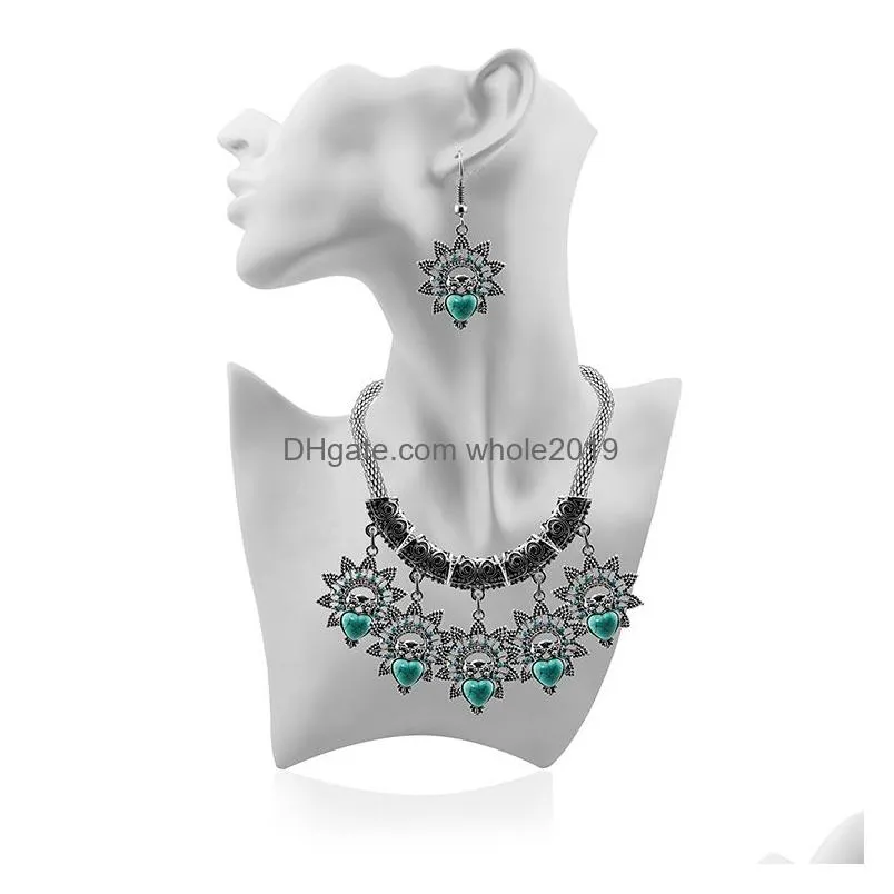 vintage turquoise statement necklaces earring sets for women jewelry turquoise owl pendant necklace dangle chandelier earrings hot