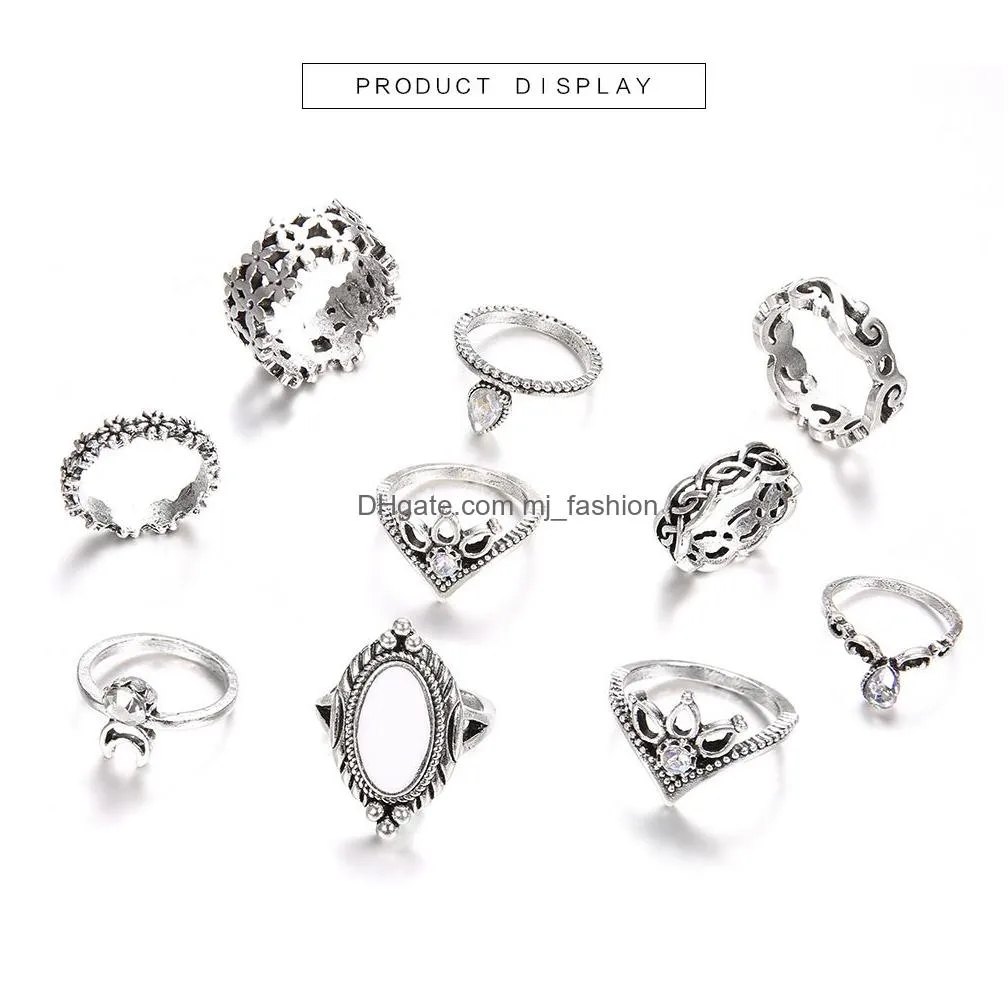 boho midi knuckle finger rings sets for women beach opal crystal crescent ancient silver geometric rings bohemian fashion jewelry in