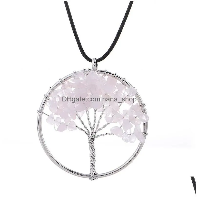 7 chakra tree of life pendant necklaces healing natural crystal gravel stone charm leather wax rope chain for women fashion jewelry