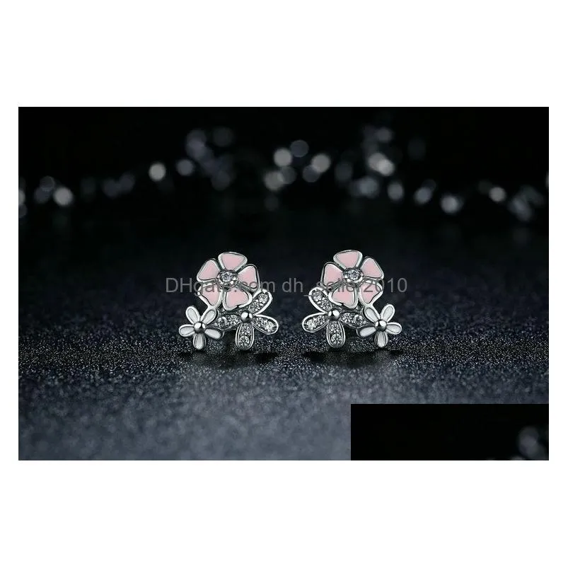 luxury 925 sterling silver poetic daisy cherry blossom drop earrings clear pink cz flower women engagement studs for women fashion