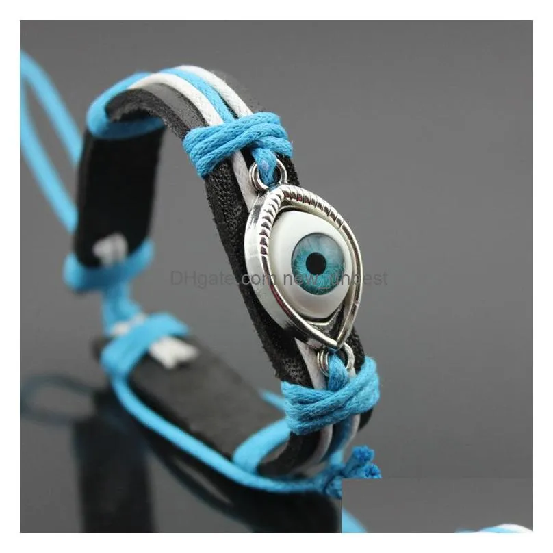 2017 fashion uni leather weave bracelets women turkey blue evil eye charm bracelets for mens pu leather rope chain diy jewelry