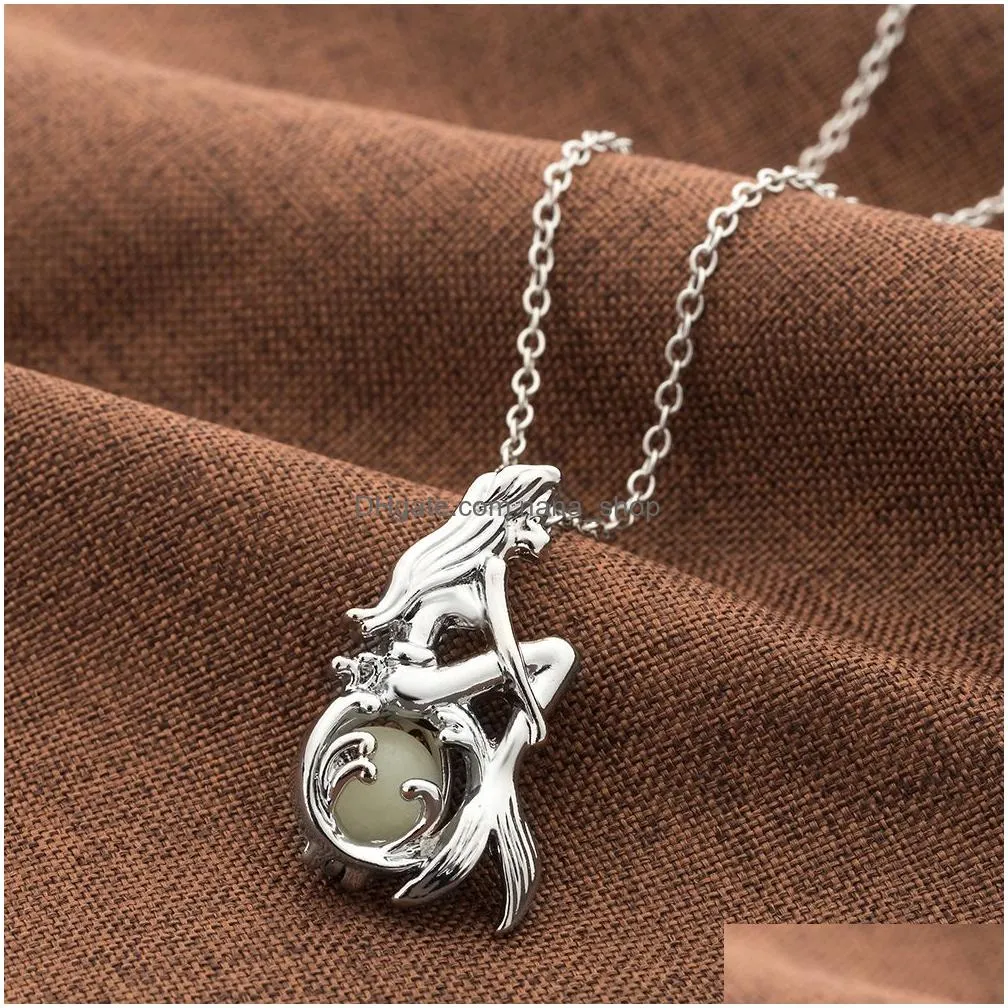 luxury glow in the dark mermaid necklaces glowing hollow pearl cage pendant necklace for women ladies fashion luminous jewelry