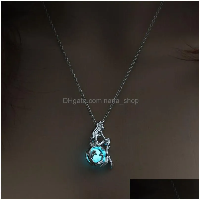 luxury glow in the dark mermaid necklaces glowing hollow pearl cage pendant necklace for women ladies fashion luminous jewelry