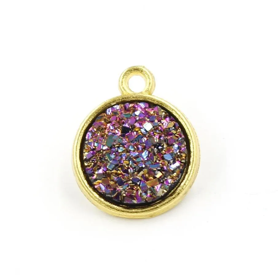 12mm druzy drusy stone pendant gold bling resin round charm for neckalces making fashion jewelry in bulk