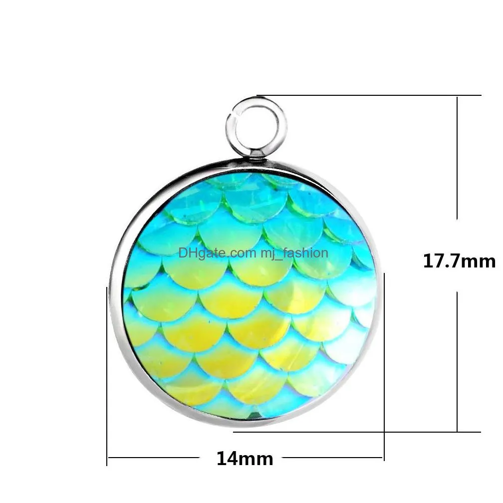 bulk stainless steel 14mm round mermaid scale pendant charm for fashion necklace bracelet earrings jewelry making