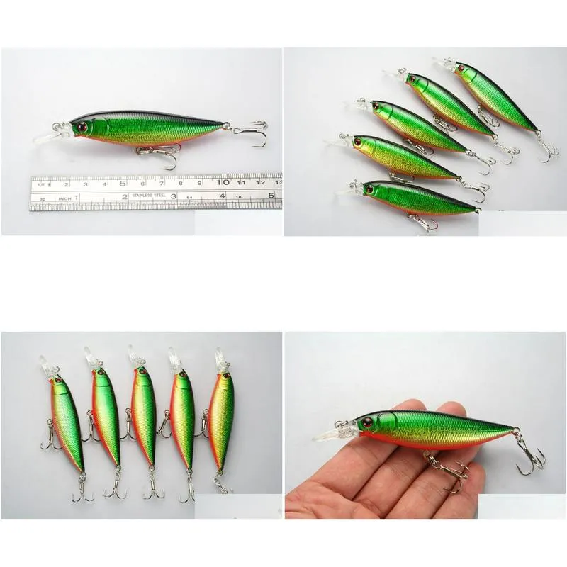 wholesale lot 12 fishing lure minnow crankbaits hand baits hooks bass 12.3g/10 cm green 