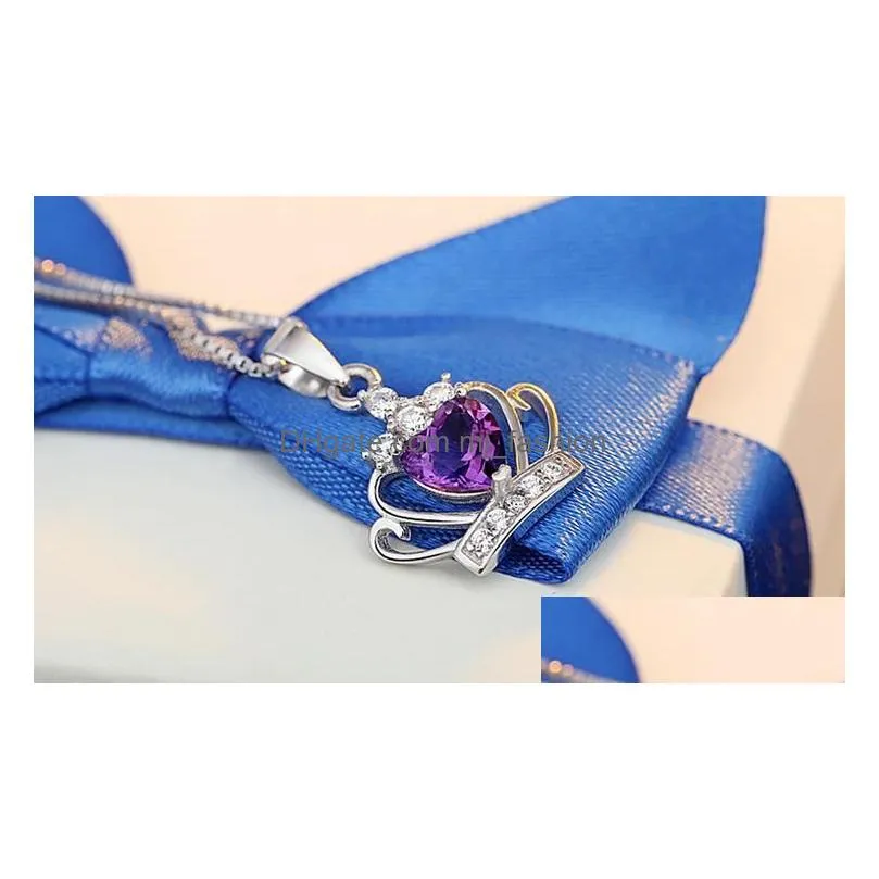 korean womens crown pendant necklaces queen princess purple white crystal diamond charm silver plated chain for ladies fashion