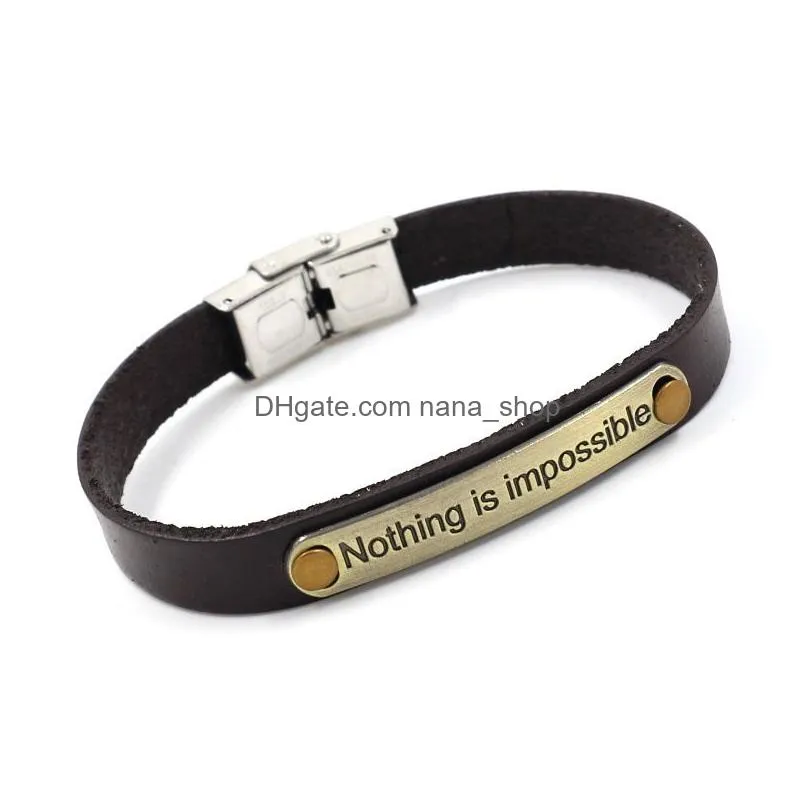 nothing is impossible inspirational bracelets for women men uni letter charm leather wristband bangle fashion jewelry gift