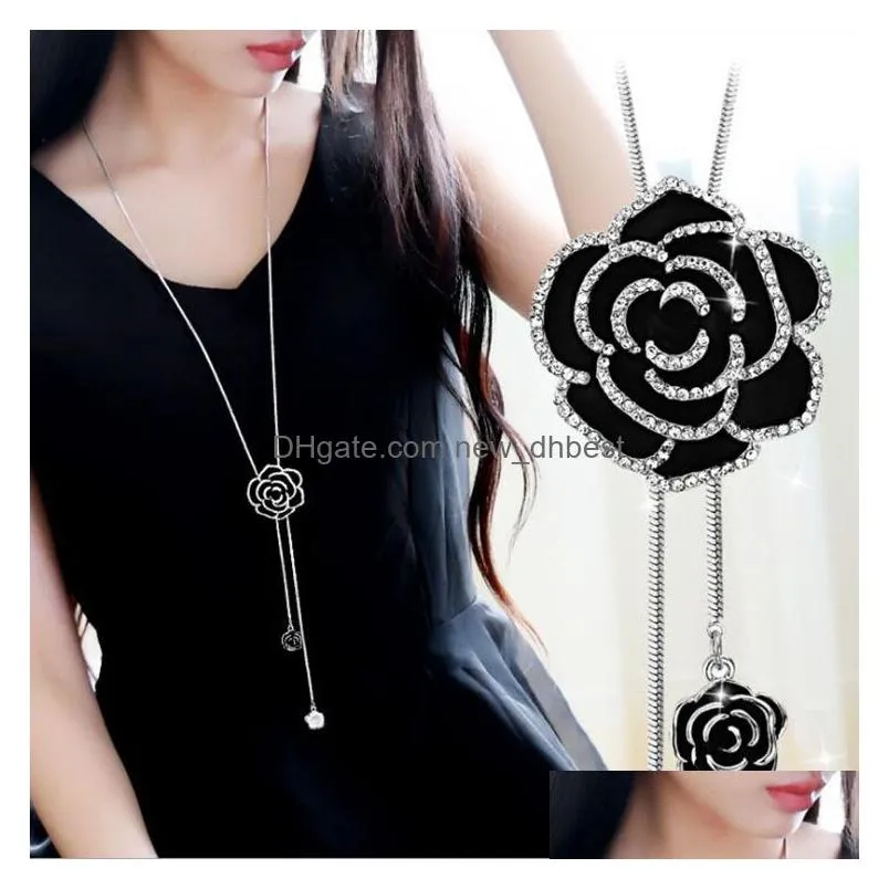 zircon black rose flower long necklace sweater chain fashion metal chain crystal flower pendant necklaces adjusted jewelry