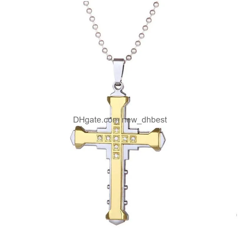 mens crystal cross pendant necklace for women double layer stainless steel crucifix jesus charm chains fashion religion jewelry