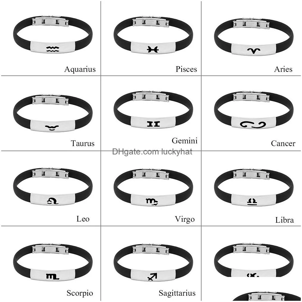 twelve zodiac black silicone bangle stainless steel constellations horoscope design wrap bracelets for women and men couple jewelry