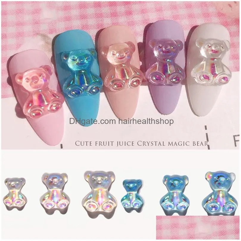 6pcs/lot 3d cute bear resin nail art decorations aurora rhinestone for nails glitter jelly ornaments diy uv gel manicure accessories