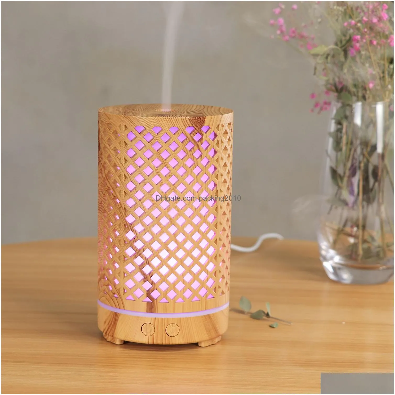 200ml ultrasonic air humidifier hollow-out aromatherapy machine usb wood grain aroma essential oil diffuser with 7colors led light