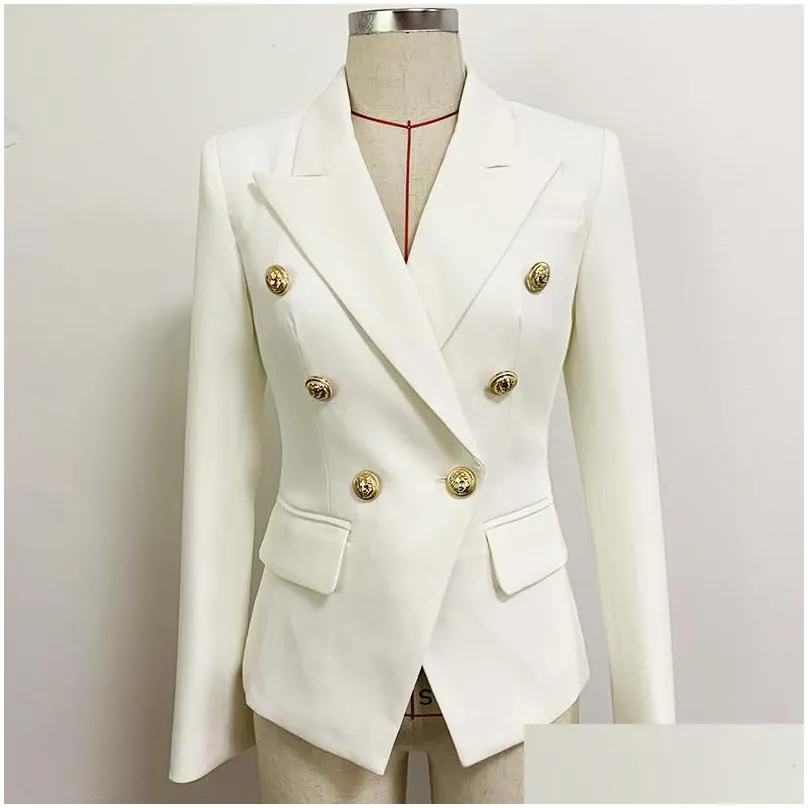 classic style top quality original design womens blazer double-breasted slim jacket metal buckles suit fabric coat black white