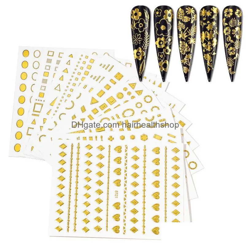 3d gold nail art flowers geometric stickers metal sticker decals holographic nails manicure decorations