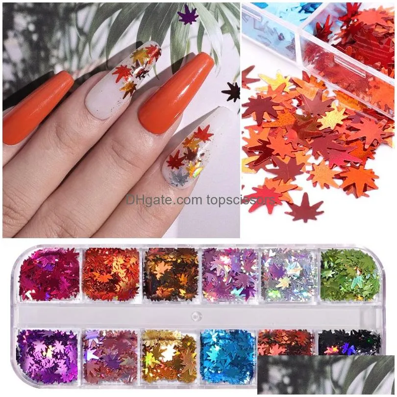 12 colors maple leaves nail art sequins holographic glitter flakes paillette fall leaf stickers for diy nails autumn decorations