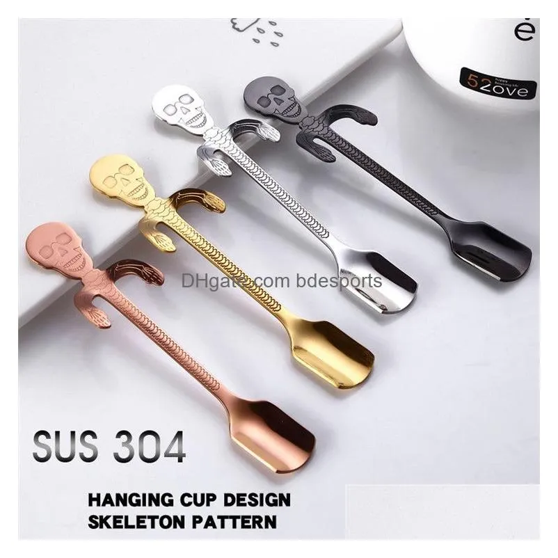 304 stainless steel skeleton coffee spoon personality skull pattern coffee milk hanging spoon kitchen skull candy spoon 50pcs t1i857