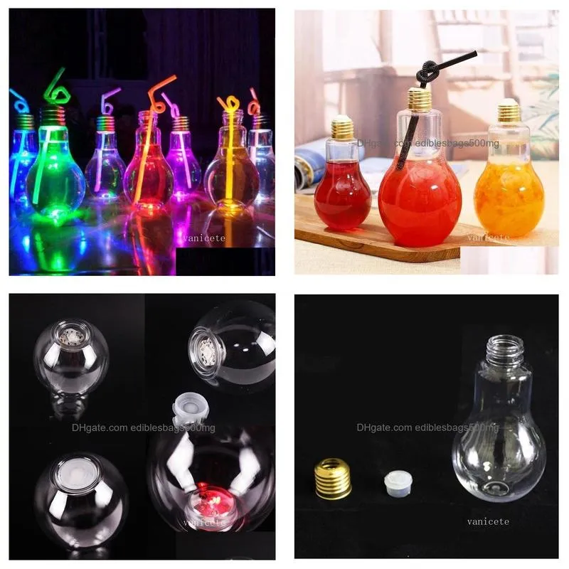 home led light bulb water bottle plastic milk juice waters bottle disposable leak-proof drink cup with lid creative drinkware by sea