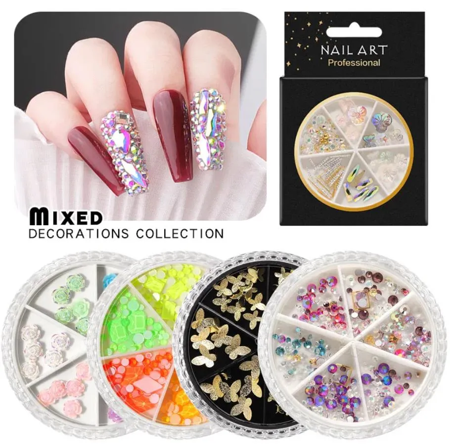 ab crystal nail rhinestone various 3d butterfly resin rose flower ornaments natural shell flakes metal nail art decorations