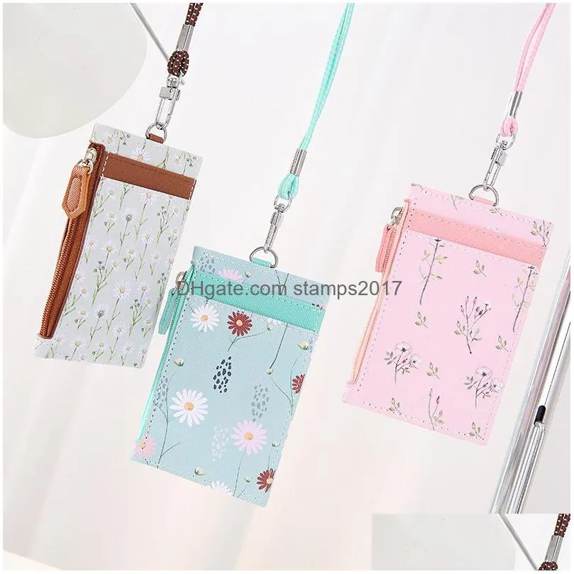 flower print pu leather card holderschool business cards files bag neck strap with lanyard holiday birthday gift