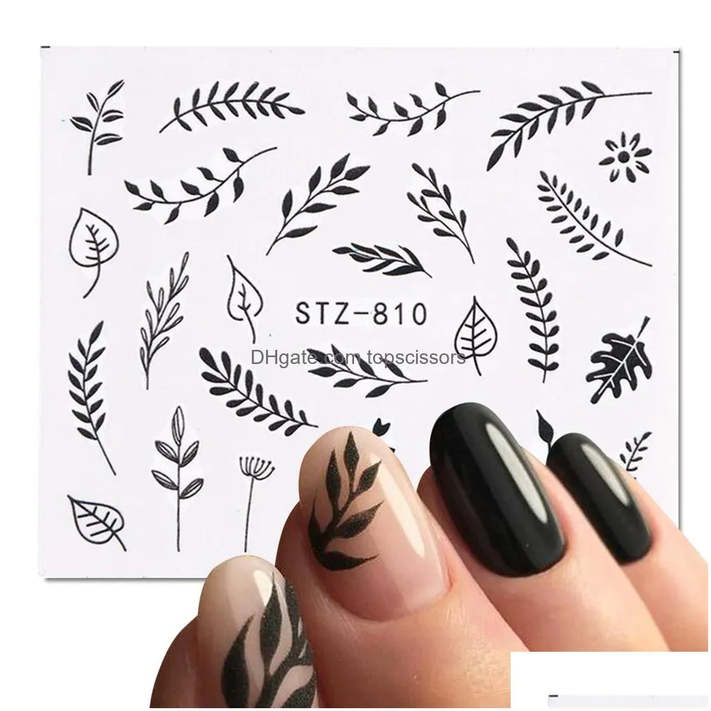 water nail stickers decal black flowers leaf transfer nails art decorations slider manicure watermark foil tips