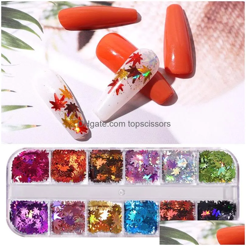 12 colors maple leaves nail art sequins holographic glitter flakes paillette fall leaf stickers for diy nails autumn decorations