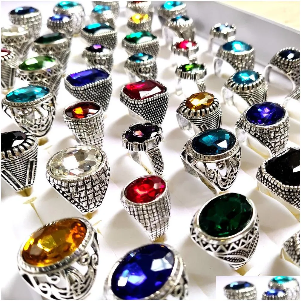 bulk lots 30pcs multi-styles mix big zircon stone silver rings for women vintage mens luxury antique crystal rings wholesale wedding jewelry birthday party