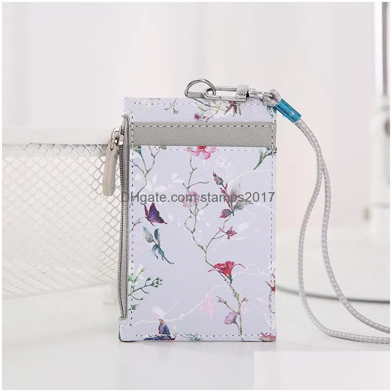 flower print pu leather card holderschool business cards files bag neck strap with lanyard holiday birthday gift