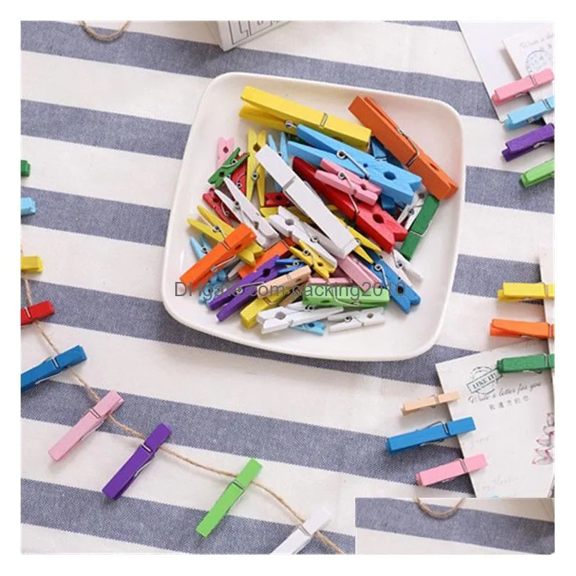 100pcs/lot mini spring wood clips clothespins colorful wooden craft pegs hanging clothes paper photo paper peg pin diy clips 12bag