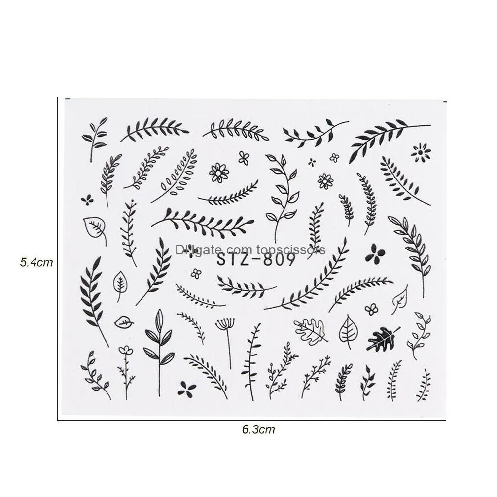 water nail stickers decal black flowers leaf transfer nails art decorations slider manicure watermark foil tips