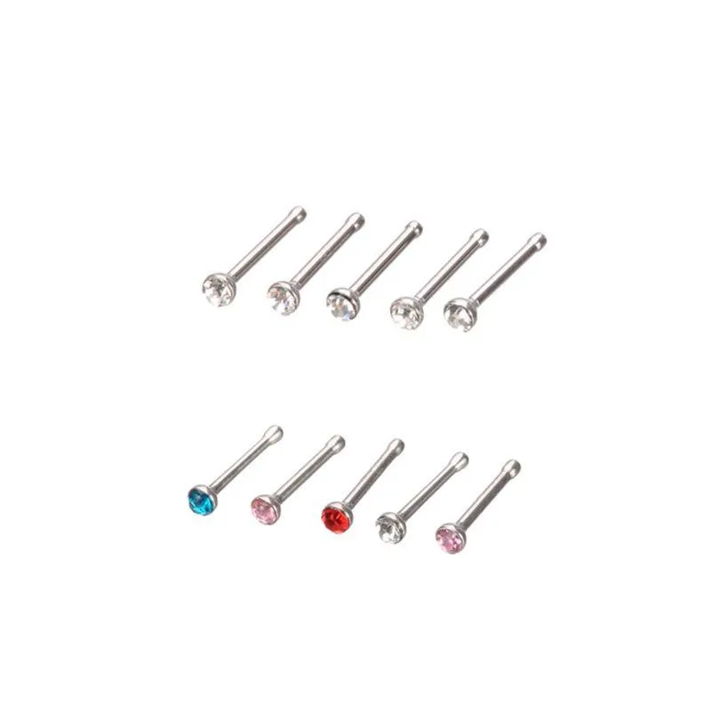 24pcs/set crystal nose ring studs stainless surgical steel nose piercing colorful rhinestone fashion body women girl jewelry