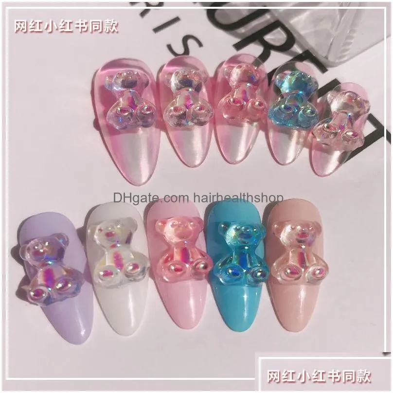 6pcs/lot 3d cute bear resin nail art decorations aurora rhinestone for nails glitter jelly ornaments diy uv gel manicure accessories