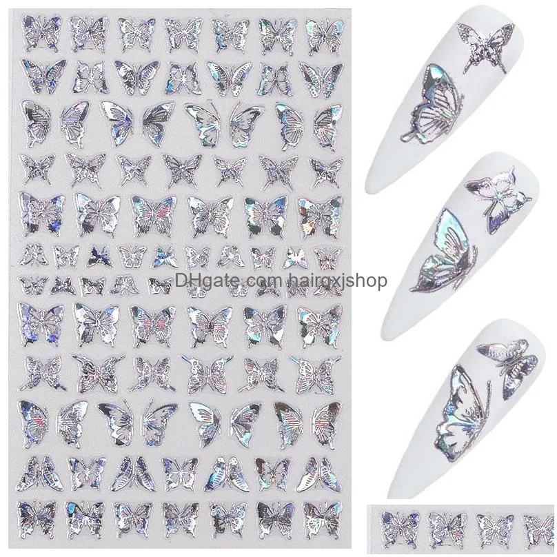 gold silver nail art laser butterfly stickers spring summer butterfly metal sticker decals holographic manicure decorations