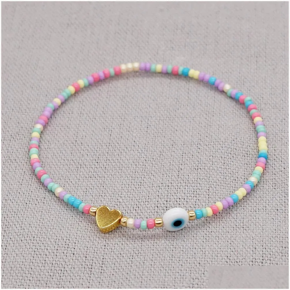 20pcs/lot fashion jewelry colorful seed beaded golden heart charm bracelet evil eye bracelets for women lovers