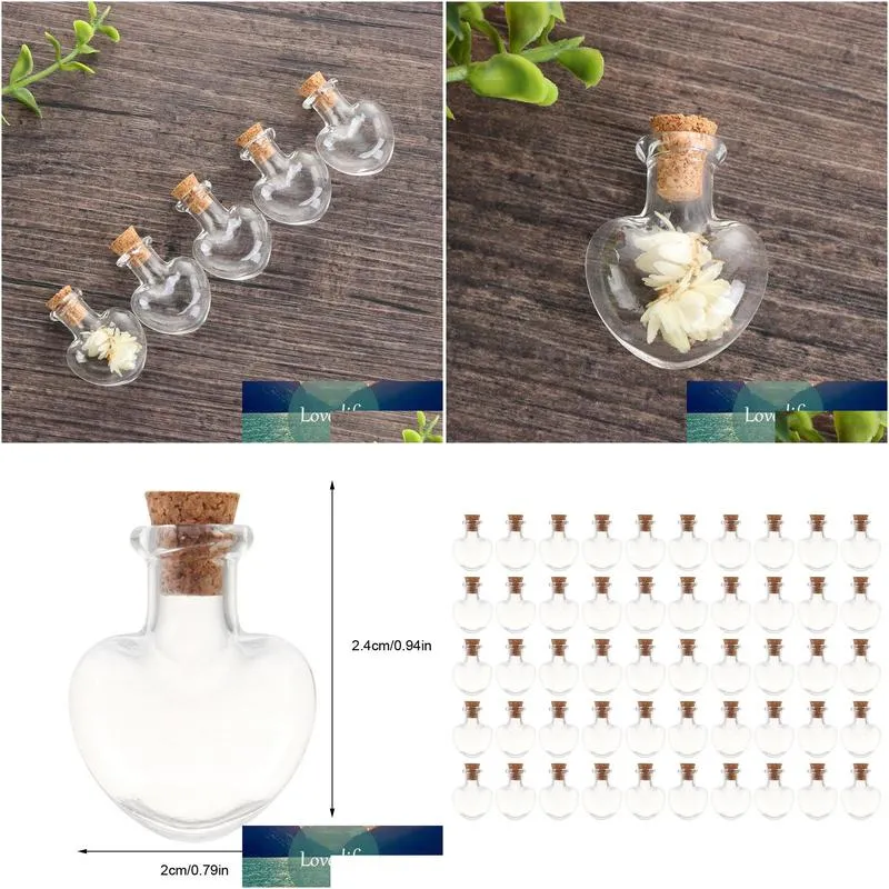 50pcs 2.4 x 2cm 5ml heart-shaped mini glass cork bottles empty sample small jars wishing glass bottle storage vial - transparent