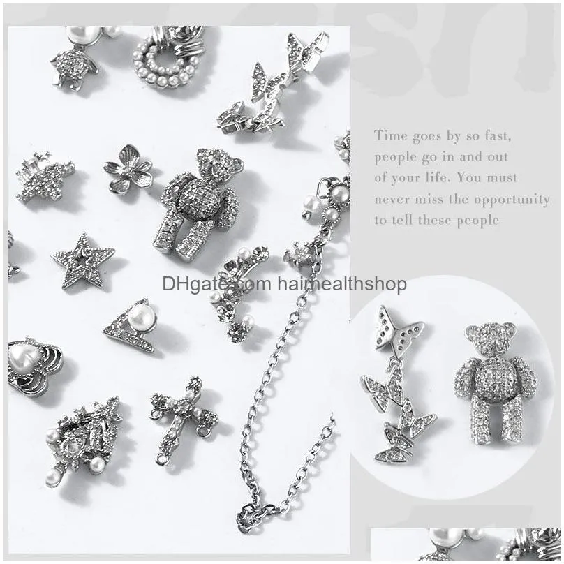 silver zircon nail art rhinestones 3d bear butterfly flower cross tassel chains pearls nails decorations jewelry diy accessories