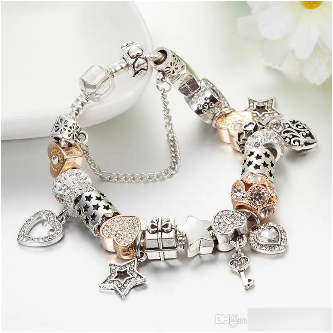 designer jewelry 925 silver bracelet charm bead fit pandora plated heart-shaped and key slide bracelets beads european style charms beaded