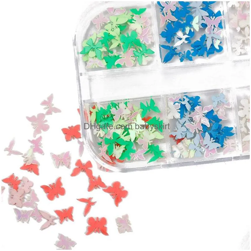 240pcs/box luminous butterfly wood pulp chips 3d nail jewelry diy style handmade laser glitter butterflies shape nails sequins