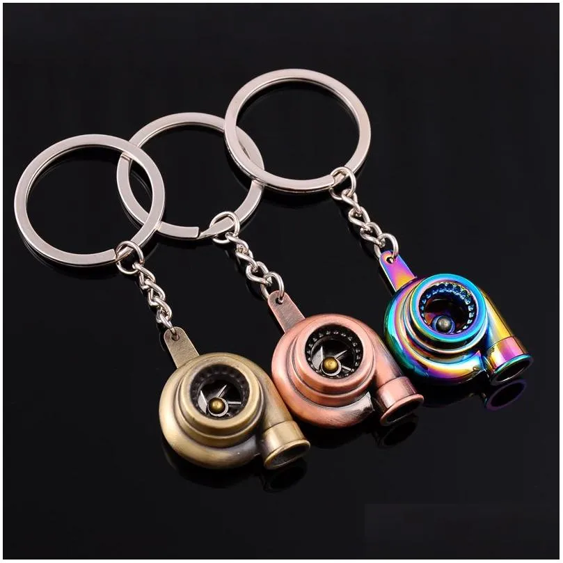 7 colors metal turbo keychain sleeve bearing spinning auto part model turbine turbocharger key chain ring keyfob keyring