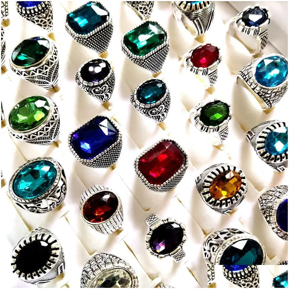 bulk lots 30pcs multi-styles mix big zircon stone silver rings for women vintage mens luxury antique crystal rings wholesale wedding jewelry birthday party