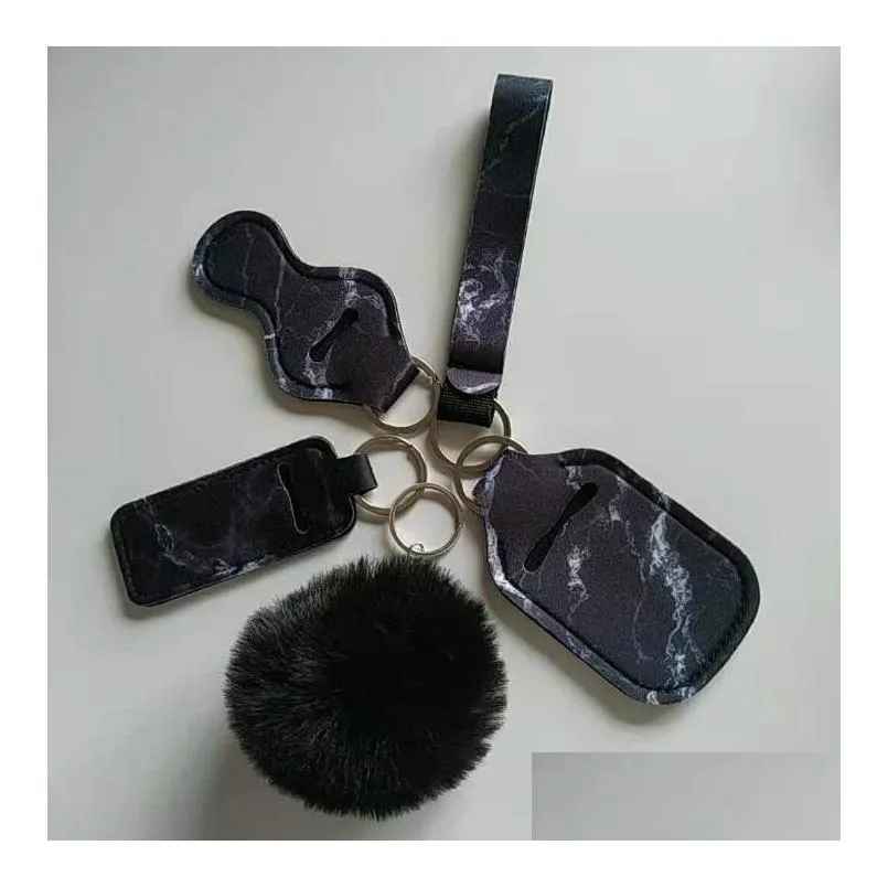 5pcs/set neoprene wristlet keychain pompom hand sanitizer wrist strap lipstick keychains silver keyring for women 18 colors