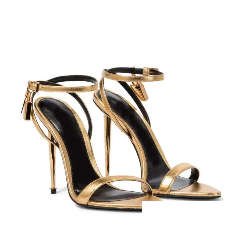 luxury sandal woman sandals high heels tom-f-sandal shiny genuine leather padlock pointy toe naked sandalies 105mm gold heels ankle strap with